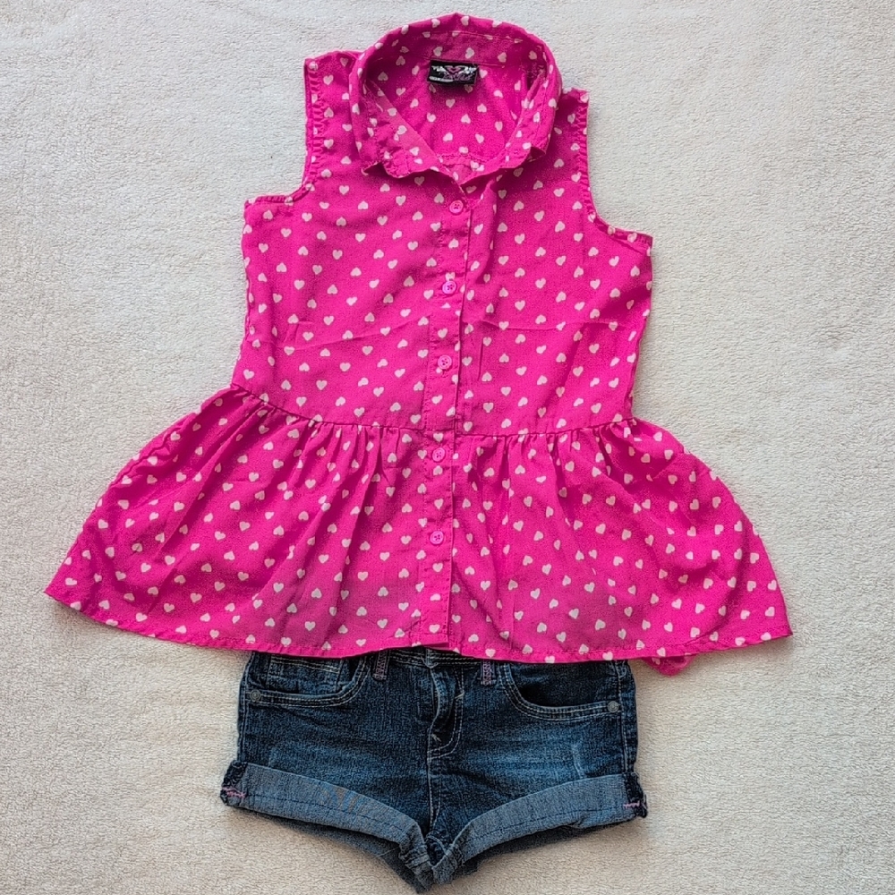 Girls 2pc Outfit 7/8 Heart Top & Denim Shorts Summer Set Cute